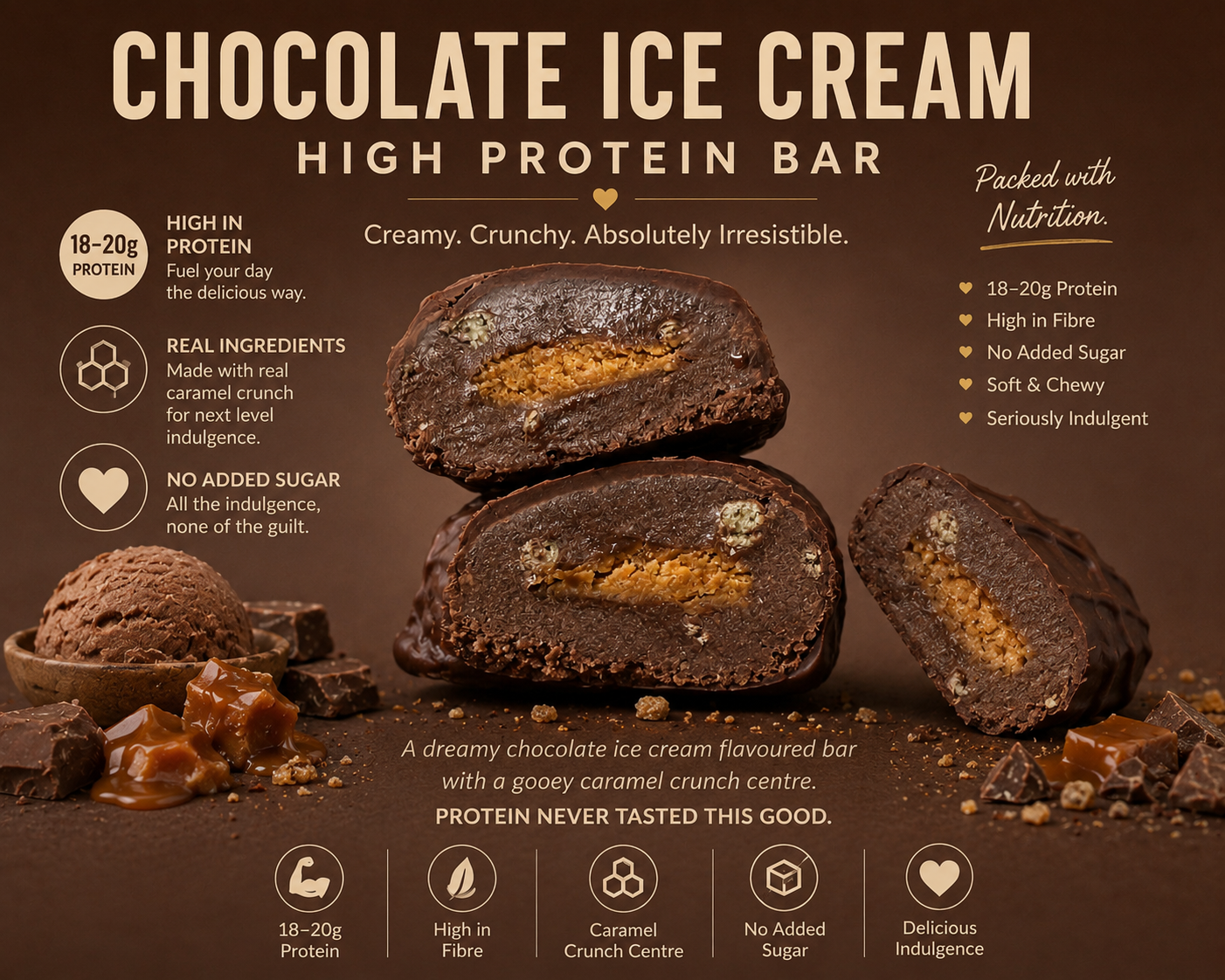 Chocolate ice cream protein bar with caramel crunch filling