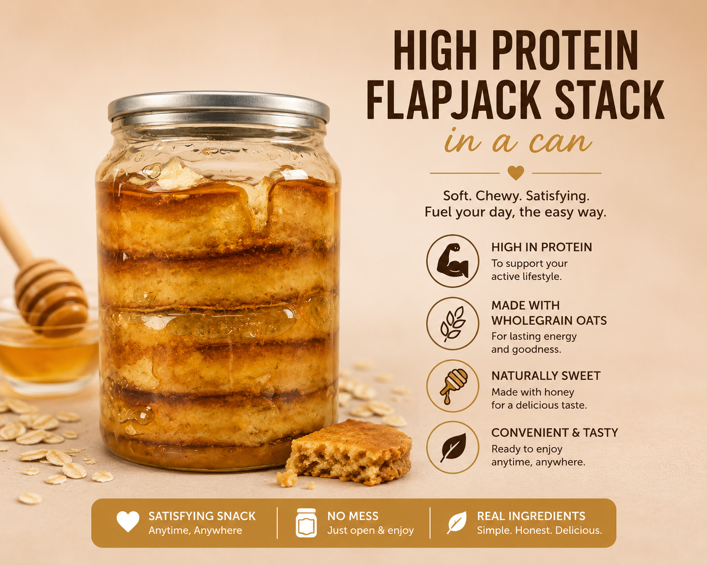 Canned high protein flapjack stack